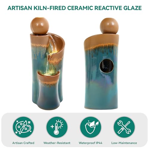 32" Ceramic Outdoor Water Fountain w (Teal & Copper Drip Glaze 32"h-sphere)