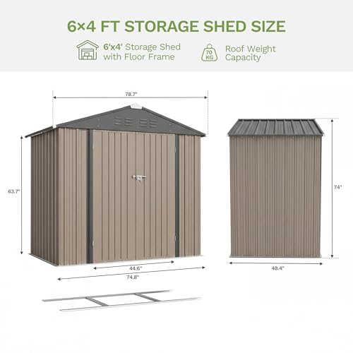 6x4 FT Outdoor Storage Shed with Floor Frame (Brown / 6x4 FT)