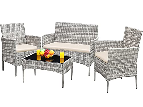 Patio Furniture 4 Pieces Conversation Sets (Gray and Beige)