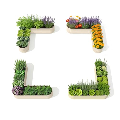 4 Pcs L Shaped Galvanized Raised Garden Beds (Beige / Set of 4 (L-Shaped))