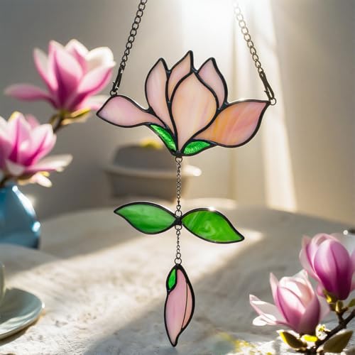 Magnolia Flower Stained Glass Suncatcher for Window (E)