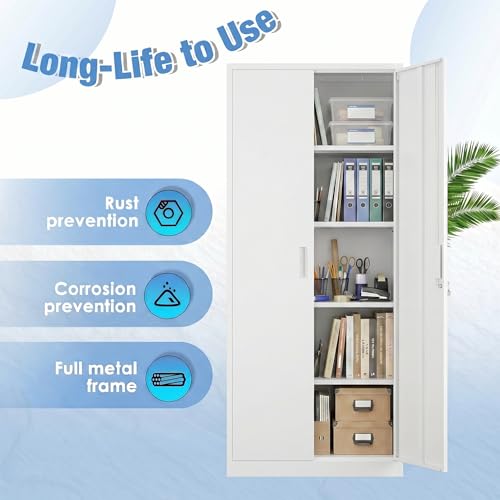 71 Inch Lockable Metal Storage Cabinet (White / 15.75"D x 31.50"W x 70.87"H)