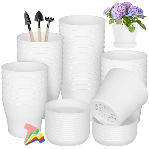 36 Pack 5.5 Inch Plastic Plant Pots with Saucers White Flower Plant Container Seed Starting Pots Thickened Seedlings Nursery Pot for Home Garden Indoor Outdoor Flowers (White / 5.5 Inches)