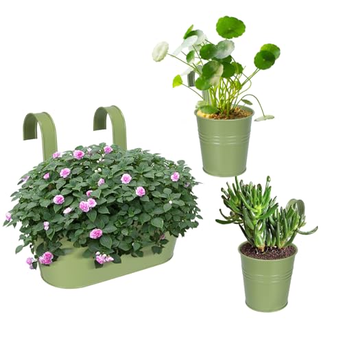 Metal Iron Flower Pots for Railing Fence Hanging Bucket Pots (Green)