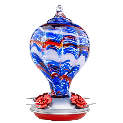 32OZ Hummingbird Feeders Blown Glass Hummingbird Feeder (Navy Blue)