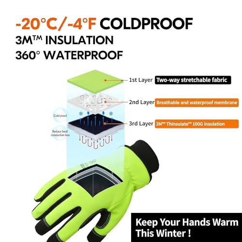 100% Waterproof Winter 2 Pairs Pack Work Gloves for Men Yellow M (Yellow - Thermal (2 Pairs) / Medium)