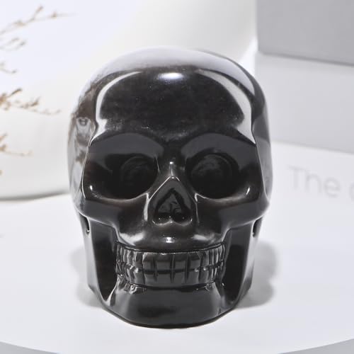 5''Natural Silverstone Obsidian Crystal Skull Head Hand Carved Reiki Healing Stone Statue Healing Home Office Art Room Decoration (Silverstone Obsidian / 5inch)