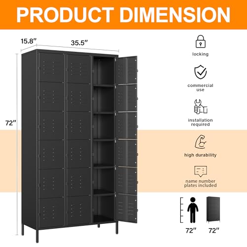 Metal Locker with 18 Doors Employees Locker (Black(4 Legs) / 18 Doors-Wide-71")