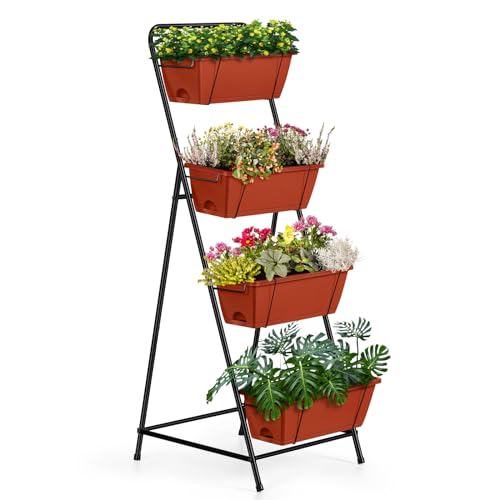 4 Tier Vertical Raised Garden Bed Planters for Outdoor Plants Herb Garden Planter with Drainage Holes Standing Garden Planters for Herbs Flowers Vegetables Plants (Brick Red)