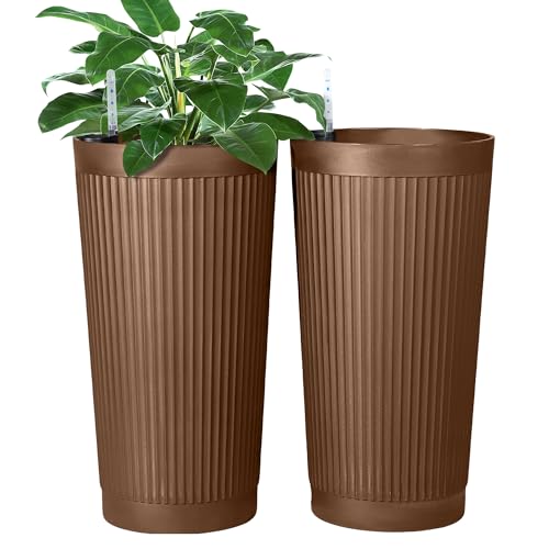 Self Watering Tall Planters Set of 2 (Brown-round Ribbed)