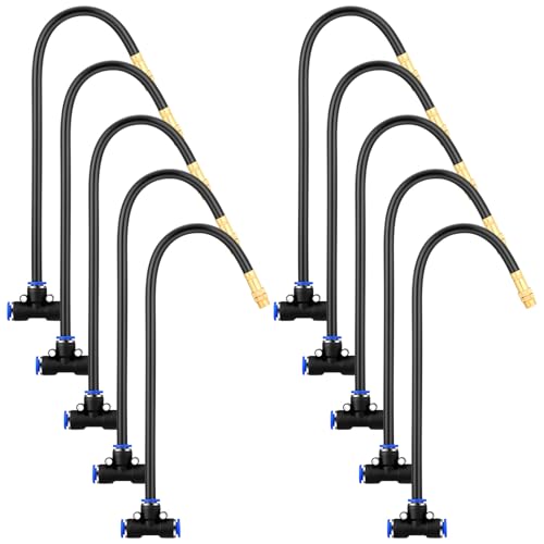 10 Pcs Brass Misting Nozzles Tee with 12" Built in Hose for 0.32" (12 Inch)