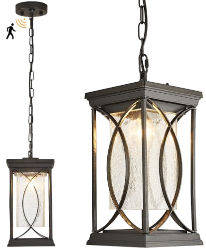 Motion Outdoor Pendant Light Fixtures Dusk to Dawn Exterior Ceiling Hanging Lantern for Porch (Black-L-PL)