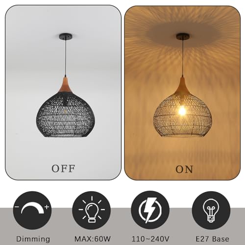 Large Black Rattan Pendant Light (Wood + Black Rattan / D 20", Extra Large)