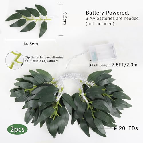 Faux Willow Leaves String Lights 2Pcs 7.5FT 20LED Battery Operated (Green Light Willow)