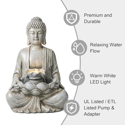 Buddha Outdoor Water Fountain with Lights and Pump (Concrete Buddha W/Lotus Leaf&flower Basins / 28.25"H)
