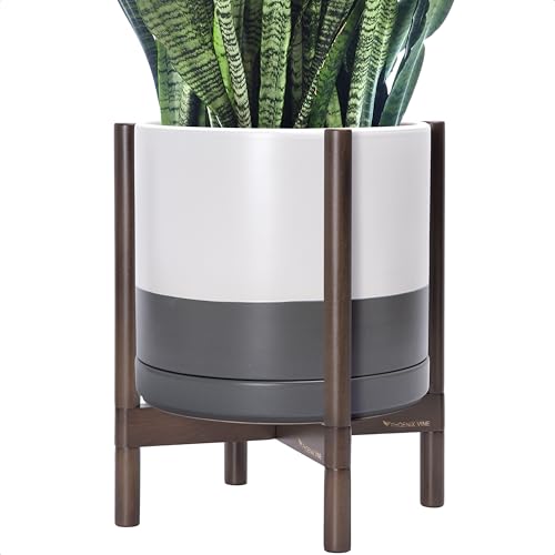 Ceramic Pot with Walnut Wood Stand (14 Inch / White/Grey Pot + Walnut Color Stand)