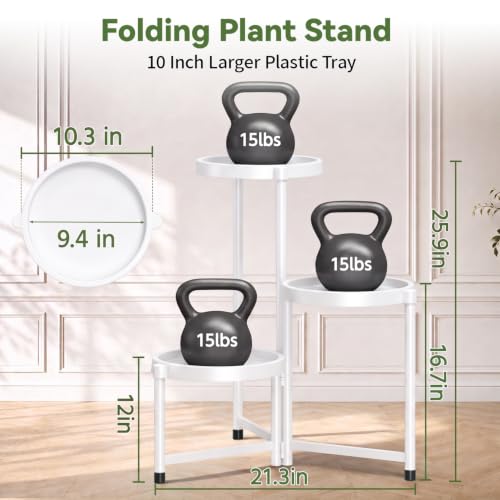 Plant Stand Indoor Outdoor with Large 10 Inch Plastic Tray (White with Large Tray / 3 Tier)