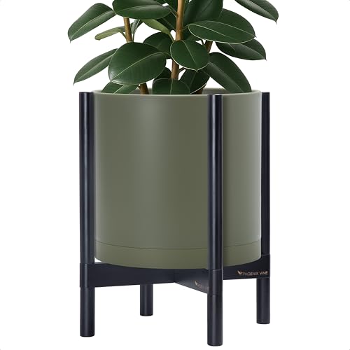 Plastic Pot with Ebony Wood Stand (Olive Pot + Ebony Stand / 14 Inch)