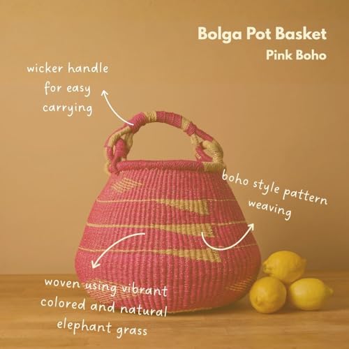 African Bolga Harvest Basket with Handle (Geometric Pink)