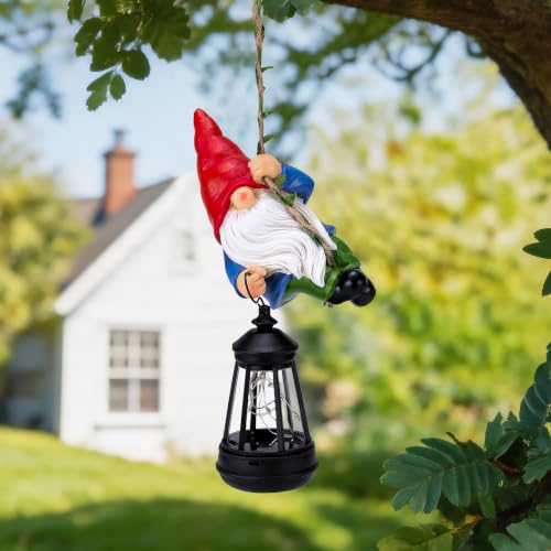 Solar Hanging Gnome Garden Statues Funny Climbing Gnome with LED Lantern (Red Hat Hanging Gnome)