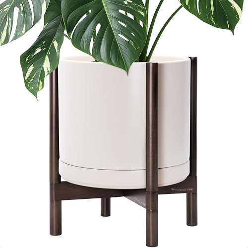 Ceramic Pot with Walnut Wood Stand (14 Inch / Oatmeal Pot + Walnut Color Stand)