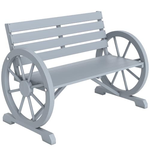 41" Wooden Outdoor Bench Rustic Wagon Wheel Light Gray