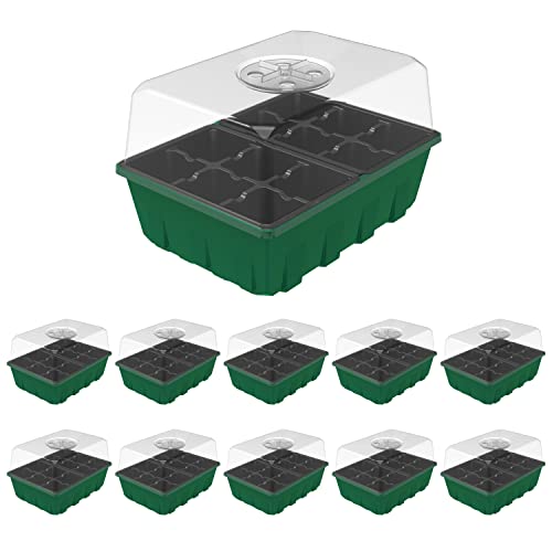 10 Pack Seed Starter Trays with Dome and Green Base 120 Cell (12-Cell Black 10-Pack)