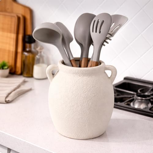 Ceramic Flower Vase 7.6 inch Farmhouse Rustic Vase Decorative Pottery Terracotta Vases for Home Decor Table Mantle Fireplace Living Room Bathroom Wedding Centerpiece (M-antique Off White)