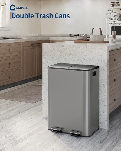 2x8 Gal Dual Kitchen Trash Can Stainless Steel Step Pedal Gray (Matte Grey / 2 x 8 gallon)