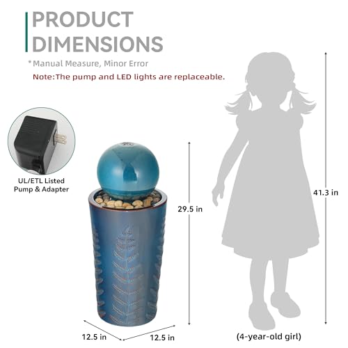 29.5" H Ceramic Sphere Water Fountain with LED Light (Blue Glaze Pebbles Teal 29.5"h-sphere)