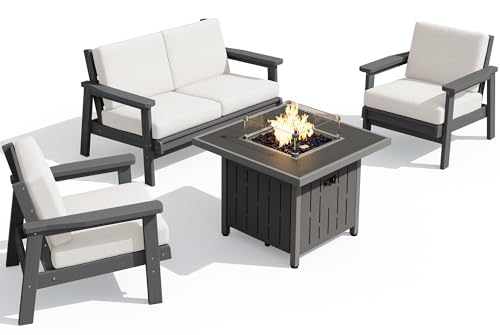 HDPE Patio Furniture Set with 33” Square Fire Pit Table (Grey/Khaki)