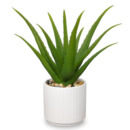 Artificial Succulent Aloe Plants 12 Inch Faux Succulents with Ceramic Pot Fake Aloe Potted Plant for Home Indoor Bathroom Table Bedroom Shelf Office Decor (Green Aloe-13")