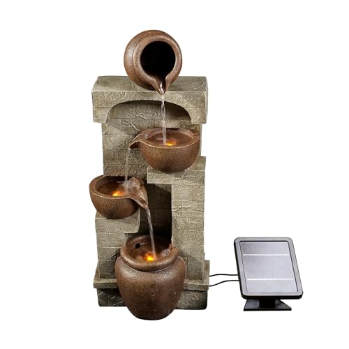 28 in. Cascading Bowls and Stacked Stones LED Outdoor Water Fountain for Outdoor Living Spaces to Create a Calming Oasis in Gardens and Landscaping (Brown / 28")