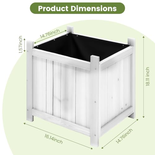 2 Pack 16" White Fir Wood Square Planter Boxes with Drainage Holes (Square Planter Boxes-whitewashed Color)