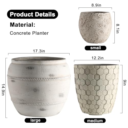 Round Concrete Style Planter Set of 3 (Stone White)