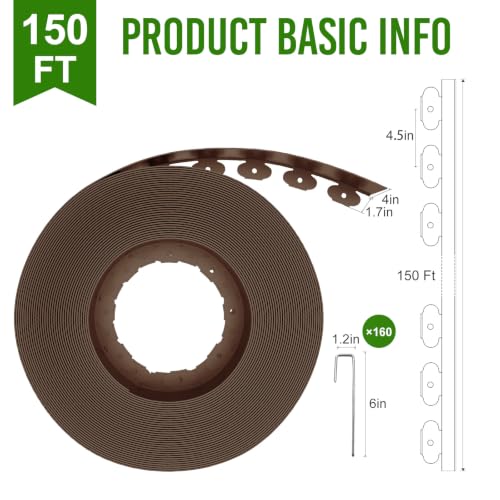 Landscape Edging 4 Inch Tall 150FT with 160Pcs Metal Spikes (Brown / 150FT)