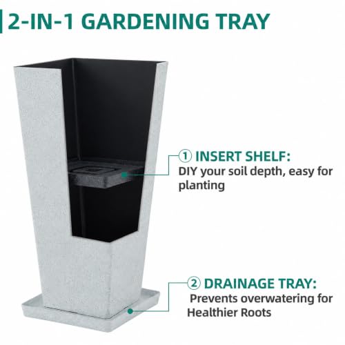 Autodaya 28" Plant Pots Tall Planters for Outdoor Plants Set of 2 with Tray (Tall Terrazzo White-28")