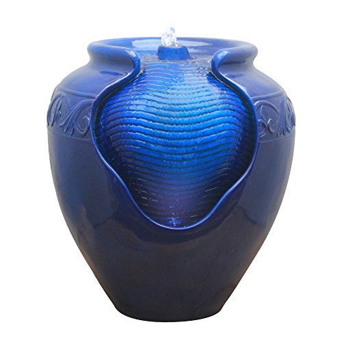 16.96 in. Outdoor Glazed Pot Water Fountain with LED Lights (Blue)