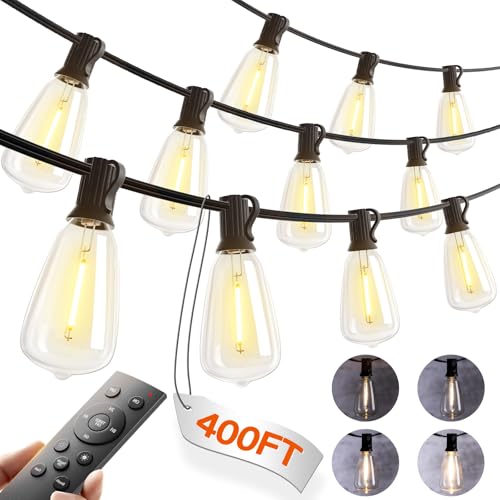400FT(50*8) Outdoor String Lights with Remote LED Edison Waterproof (Black-Remote / 400FT)