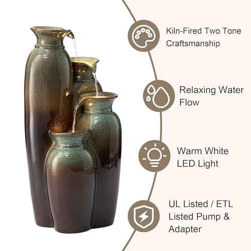 30.75" H Vase Ceramic Outdoor Water Fountain with LED Lights and Pump
