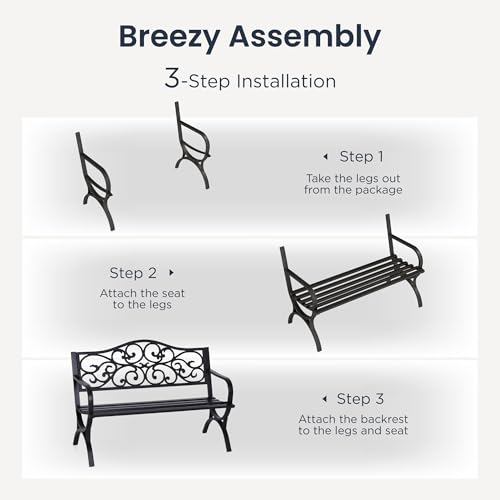 50 Inches Cast Iron Steel Frame Outdoor Garden Bench (Black)