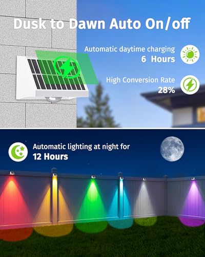 Solar Fence Lights Outdoor Waterproof High Brightness LED Spot Lens Deck Lights 7 Mode Warm & Cool White RGB Solar Powered Wall Lighting Decor for Outside Patio Step Backyard Railing (8 Count)