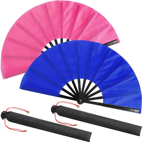 2 Packs Large Folding Hand Fans (Rose Red and Blue)