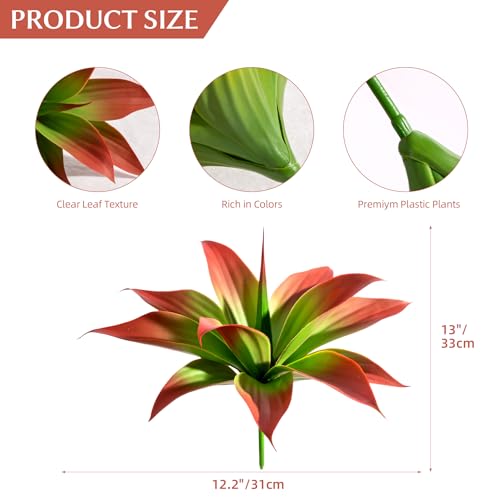 2-Pack 13-Inch Artificial Agave Plants for Outdoor Planters, UV Resistant Fake Agave Plants, Faux Succulent Greenery for Porch, Patio, Garden, Entryway and Indoor Home Decor, Red (Agave12-re2)