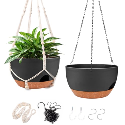 12 Inch Hanging Basket Planter with Chain & Rope for Indoor Outdoor Plants (2 Type Plant Hangers Black / 12 Inch)