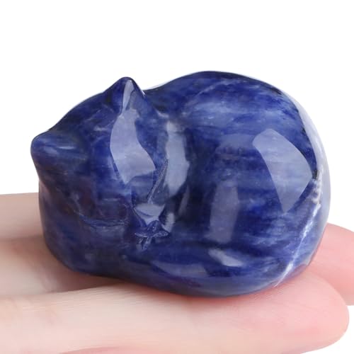 Sodalite Cat Healing Crystals Figurine Sleeping Cat Hand Carved Cute Statue Polished Stone Sculpture Reiki Office Room Bedroom Desk Home Decoration Gifts 1.6" (O-sodalite)