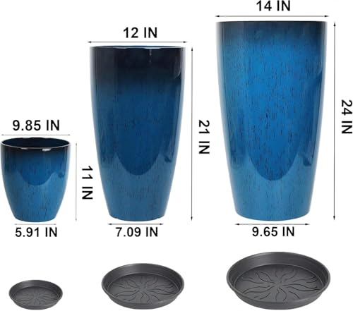 24,21,11 Inch Large Plastic Planters with Drainage Hole and Saucer - Set of 3 Tall Plant Pots Indoor Flower Pot Tall Round Planters Outdoor Large Tall Planter (Sunset Red)