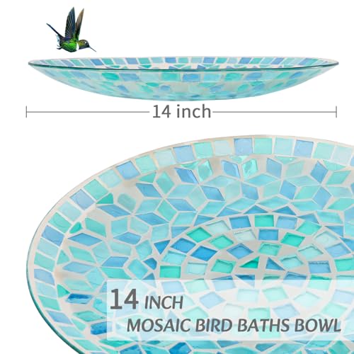 Mosaic Glass Bird Baths with Metal Stand for Garden Birdfeeder Decor (Green)