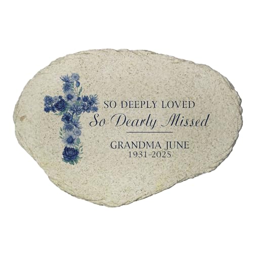 Personalized Memorial Garden Stone Blue Floral Cross So Deeply Loved Dearly Missed (Blue Cross / Large)