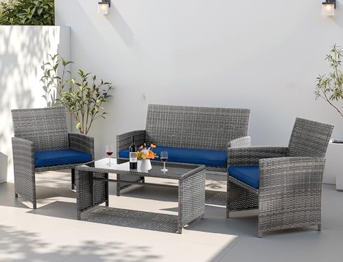 4 Piece Patio Ratten Set Outdoor Furniture Set Wicker Conversation Set with Cushions and Tempered Glass Tabletop (Deep Blue)